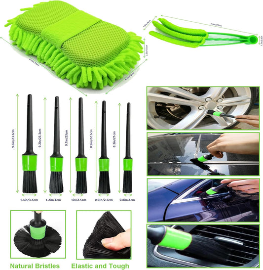 Car Detailing Kit-Car Wash Kit-Detailing Brush Set- Cleaning Kits with Windshield Cleaner and Wash Sponge-Car Interior Cleaning Kit-Car Cleaning Supplies for Windows, Dashboard, Air Vents (Green)